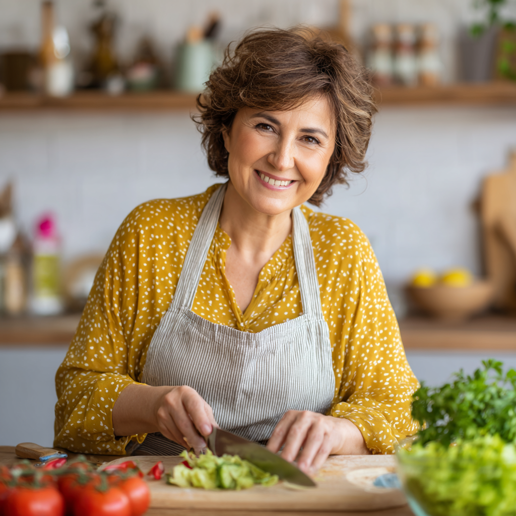 Усмихната българска жена на 35 години държи чиния със свежи зеленчуци и здравословна храна в модерна кухня с естествена светлина
