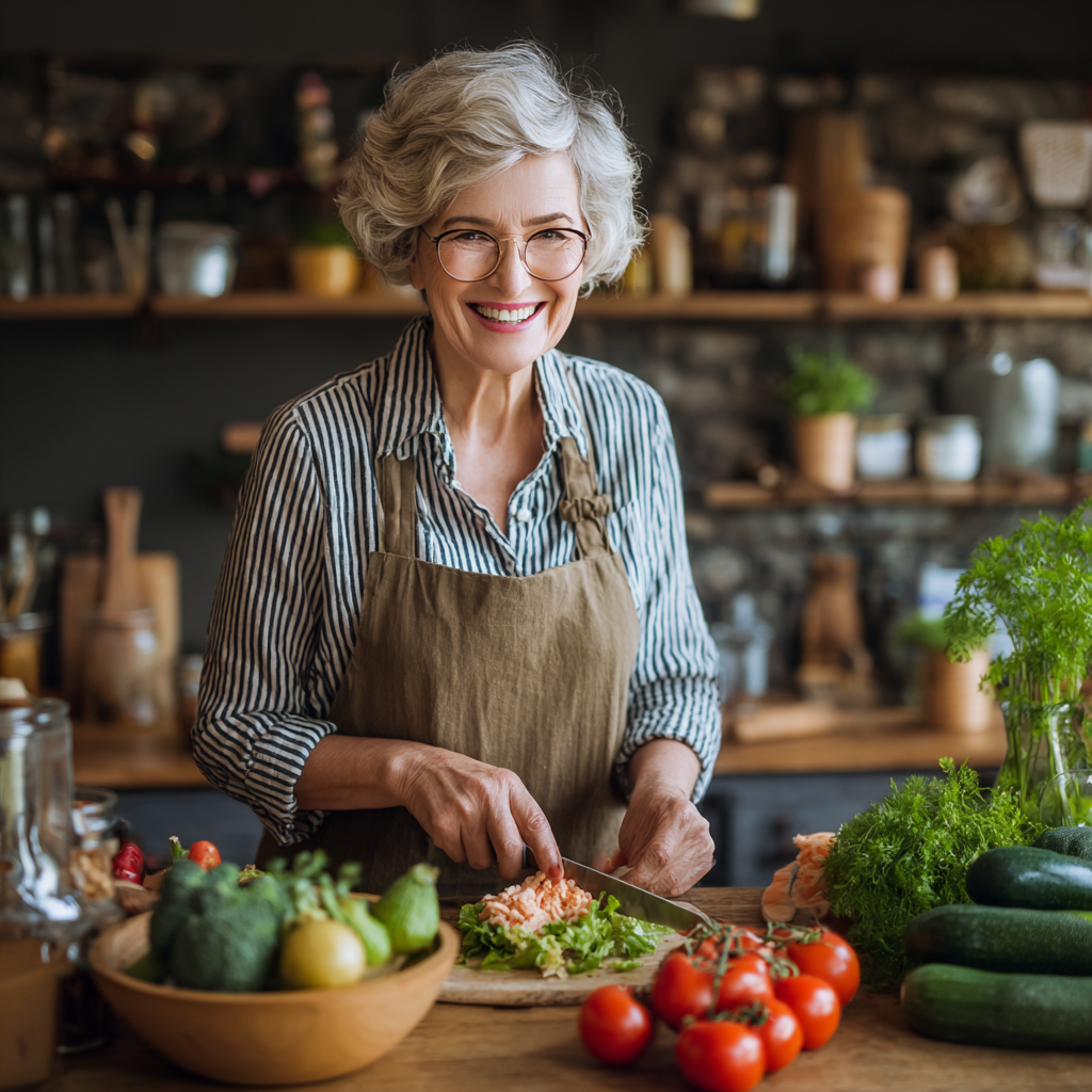Българска жена на 30 години готви здравословна храна в домашна кухня, усмихната, със свежи продукти на масата